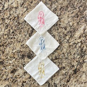 Vintage Embroidered Handkerchiefs with Pink, Blue & Yellow R Monogram. Set of 3